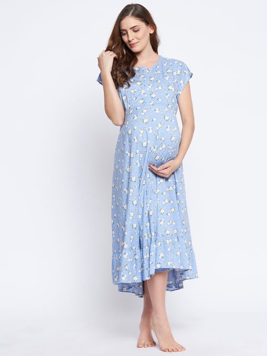 Women's Blue and White Floral Printed Rayon Maternity Dress(3523)
