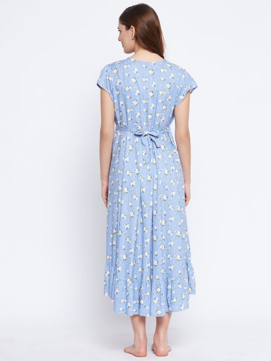 Women's Blue and White Floral Printed Rayon Maternity Dress