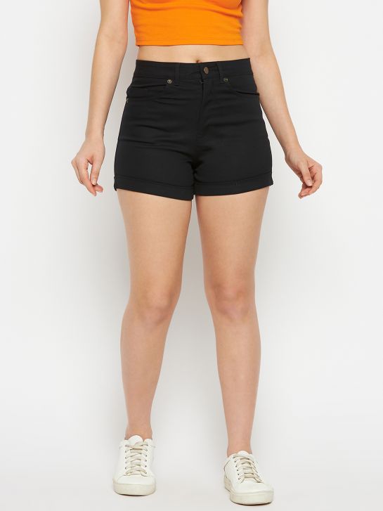 Women's Black Cotton Lycra Shorts
