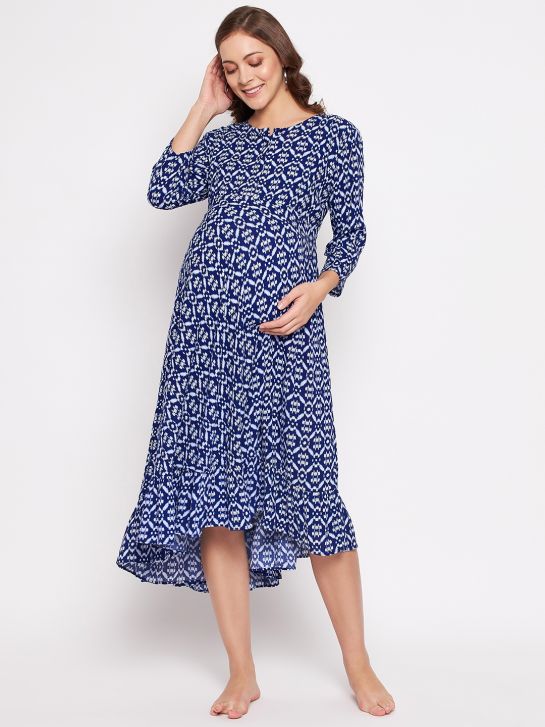Women's Blue Geomatric Print Rayon 3/4th Sleeve Maternity Dress