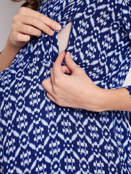 Women's Blue Geomatric Print Rayon 3/4th Sleeve Maternity Dress