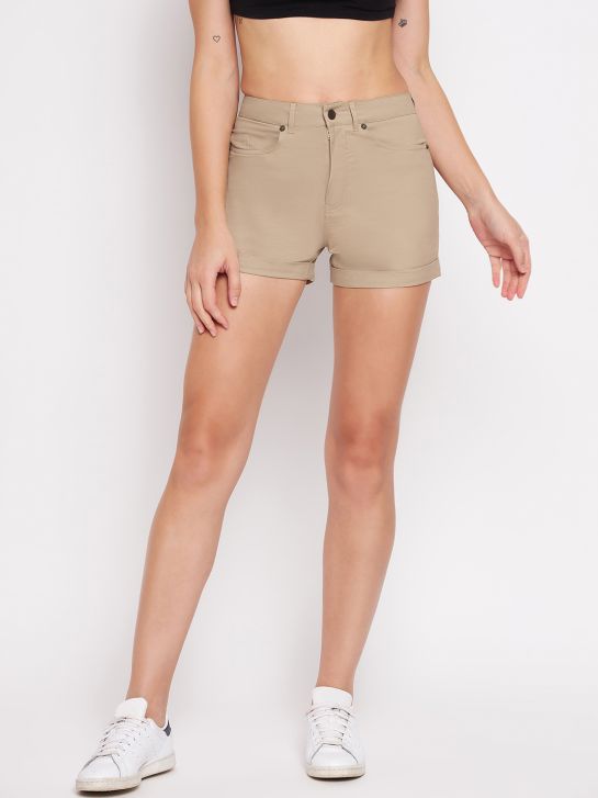 Women's Khaki Cotton Lycra Shorts