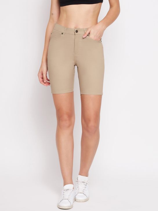 Women's Khaki Cotton Lycra Shorts(HYPW03552)