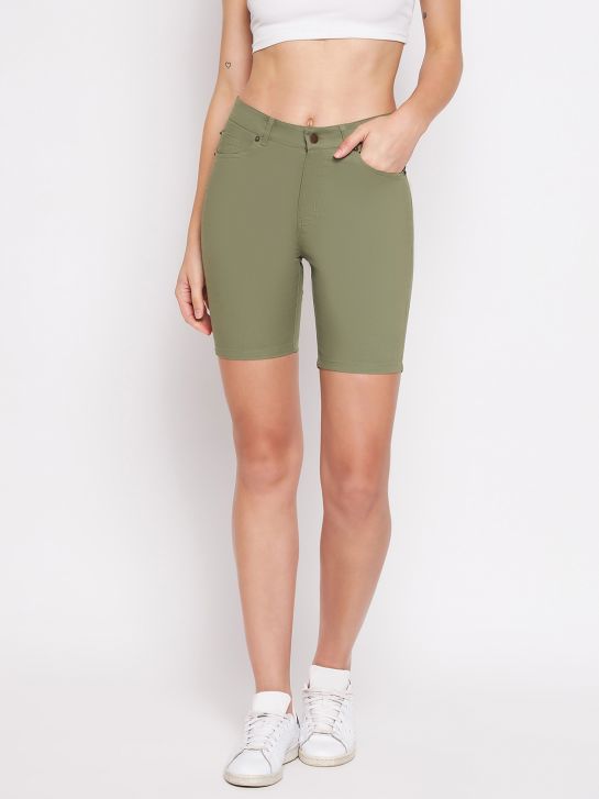 Women's Green Cotton Lycra Shorts