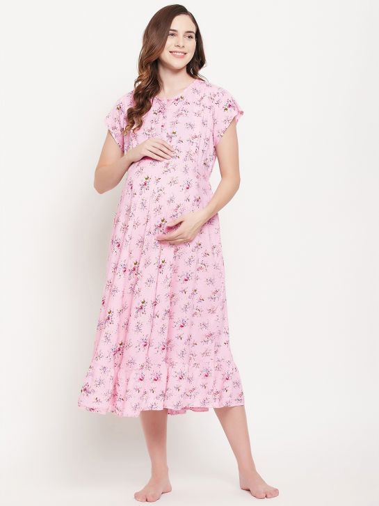 Women's Pink Floral Printed Rayon Maternity Dress