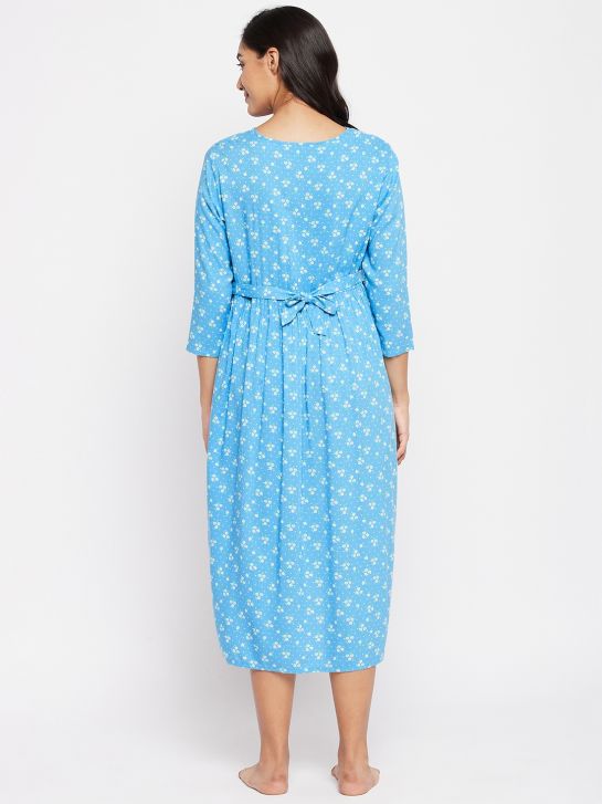 Women's Blue Printed Rayon Maternity Dress(3586)