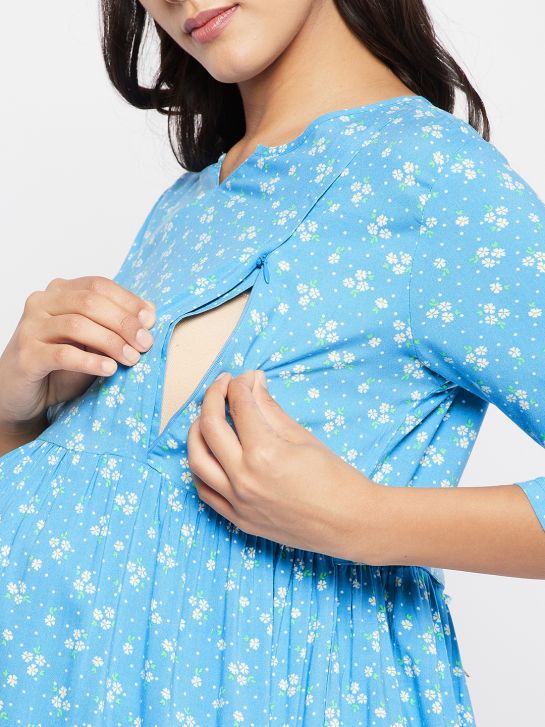 Women's Blue Printed Rayon Maternity Dress(3586)