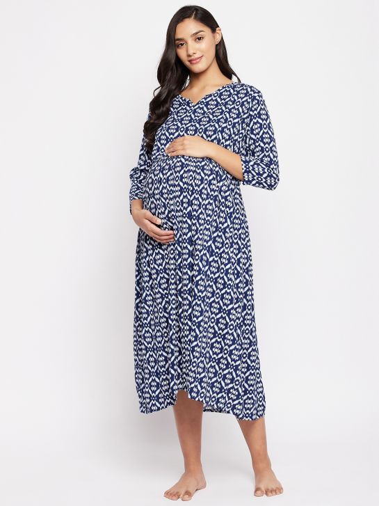 Women's Blue Printed Rayon Maternity Dress