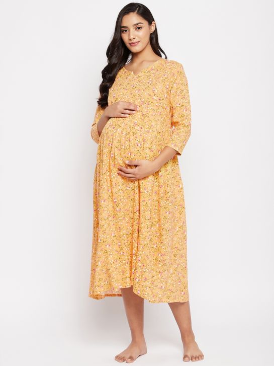 Women's Yellow Printed Rayon Maternity Dress(3588)