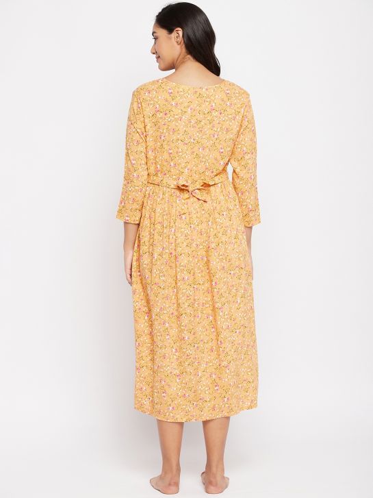 Women's Yellow Printed Rayon Maternity Dress(3588)