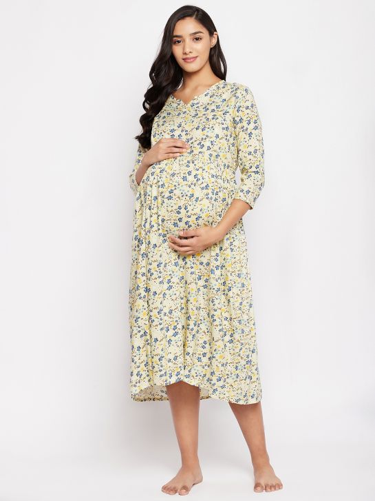 Women's Yellow Printed Rayon Maternity Dress