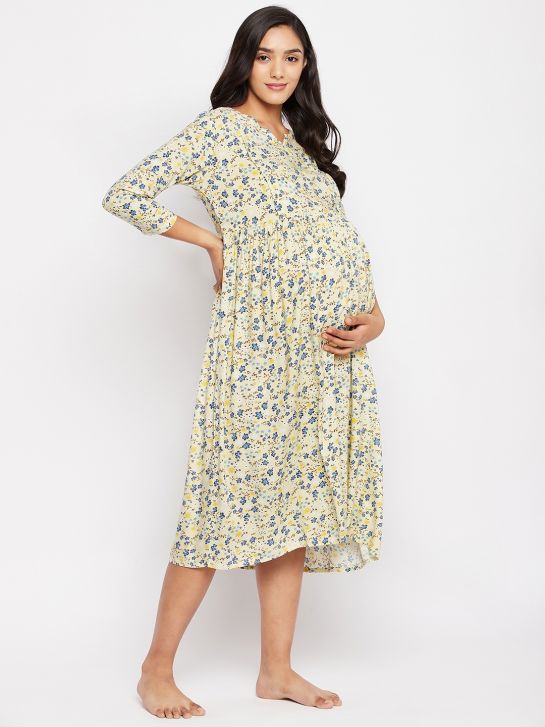 Women's Yellow Printed Rayon Maternity Dress(3589)
