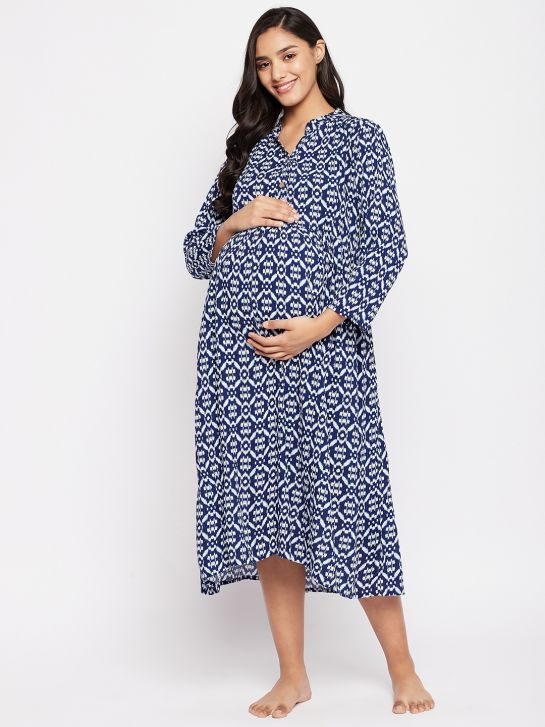 Women's Blue Printed Rayon Maternity Dress(3592)