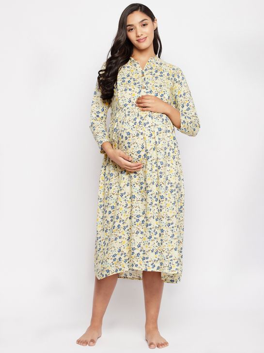 Women's Yellow Printed Rayon Maternity Dress