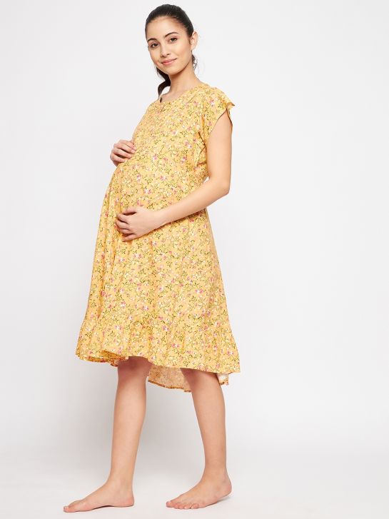 Yellow and Red Floral Printed Rayon Women's Maternity Dress
