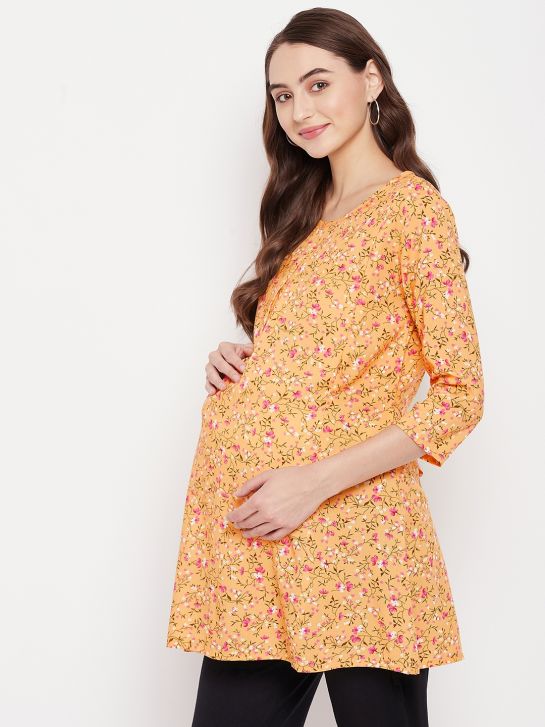 Yellow and Red Floral Printed Rayon Women's Maternity Top