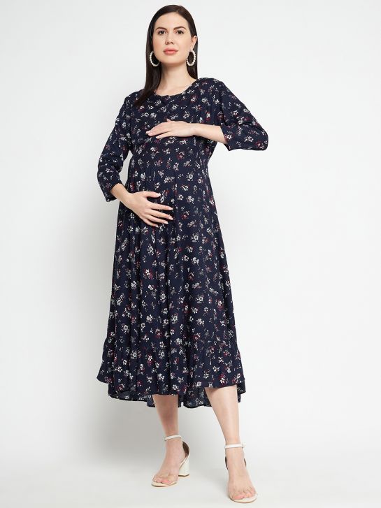 Navy Blue Floral Printed Women's Maternity Dress