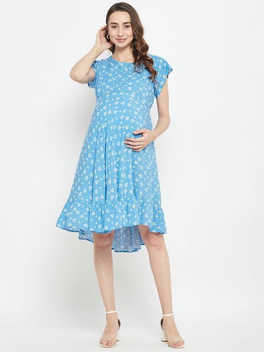 Blue Floral Printed Women's Maternity Dress